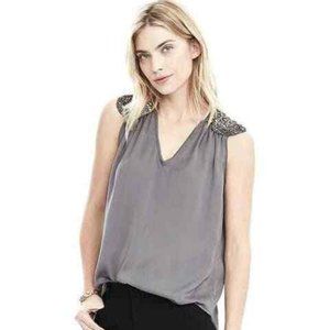 Banana Republic grey sleeveless v neck top, relaxed fit, embellished shoulders